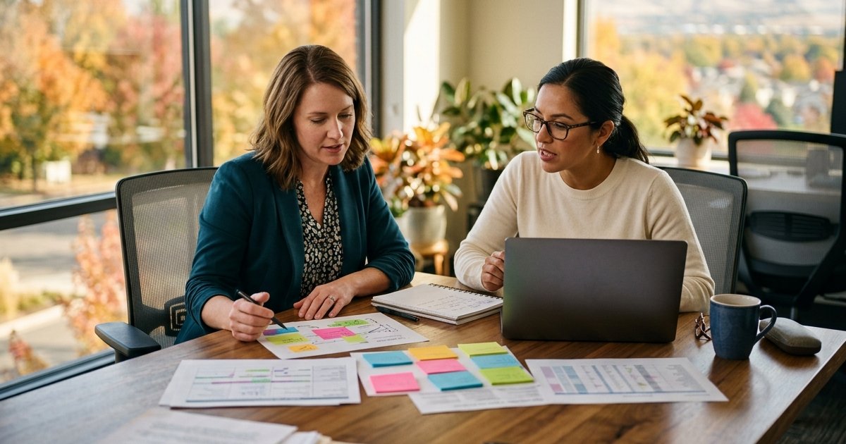 Two healthcare practice administrators planning a 2027 marketing budget at a conference table