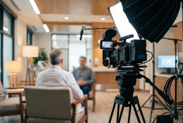 Professional cinema camera filming a clinician interview in a bright clinic for HIPAA compliant video marketing