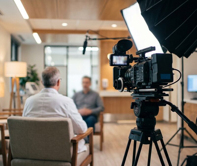 Professional cinema camera filming a clinician interview in a bright clinic for HIPAA compliant video marketing