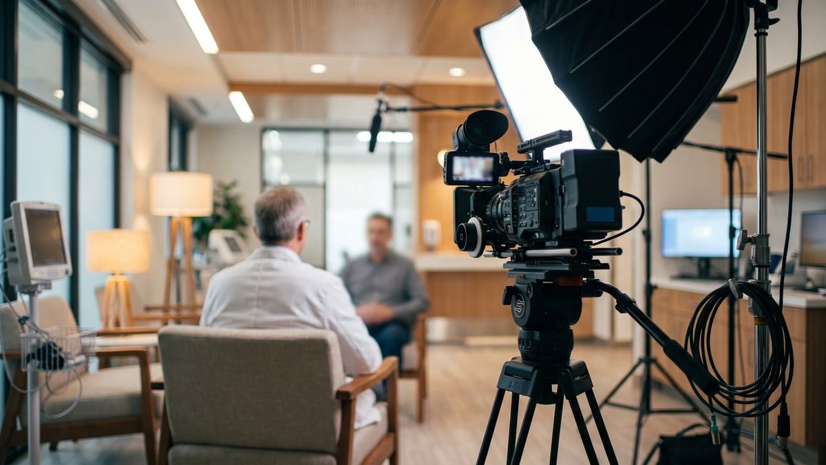 Professional cinema camera filming a clinician interview in a bright clinic for HIPAA compliant video marketing