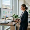 Clinic marketing manager reviewing search results layouts on a monitor in a bright Boise office