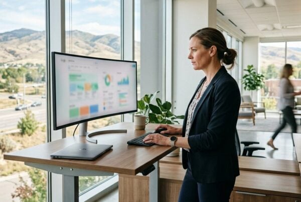 Clinic marketing manager reviewing search results layouts on a monitor in a bright Boise office