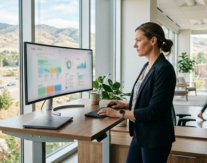 Clinic marketing manager reviewing search results layouts on a monitor in a bright Boise office