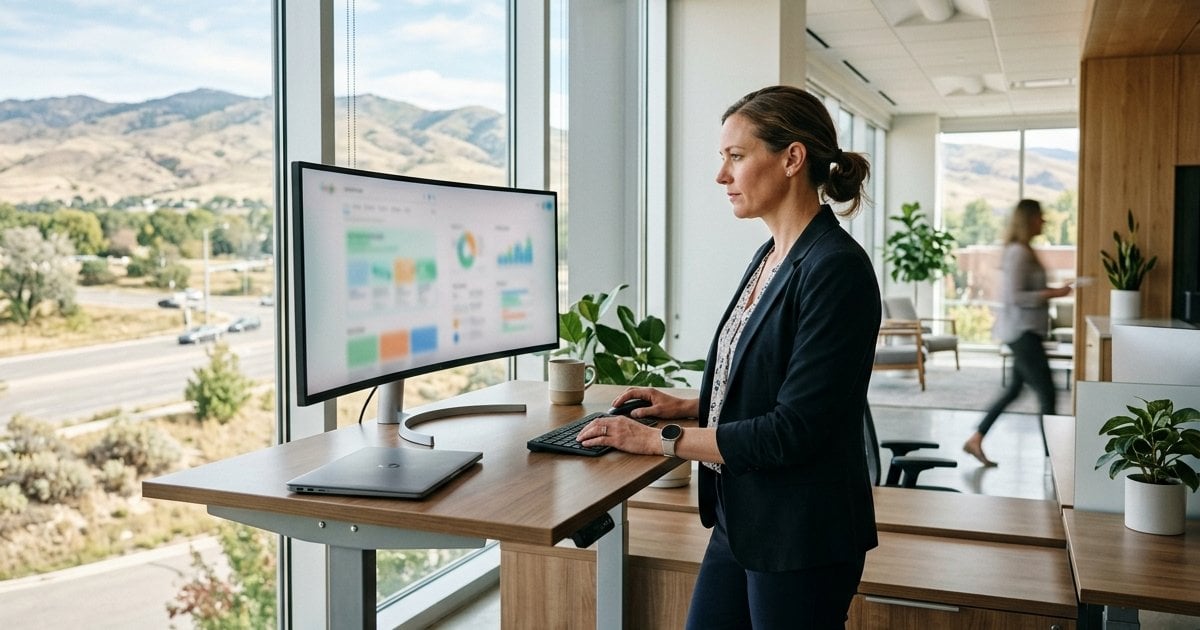 Clinic marketing manager reviewing search results layouts on a monitor in a bright Boise office