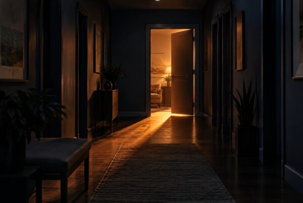 Quiet hallway at night with warm light spilling from a half-open door at the end