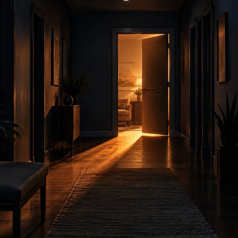 Quiet hallway at night with warm light spilling from a half-open door at the end