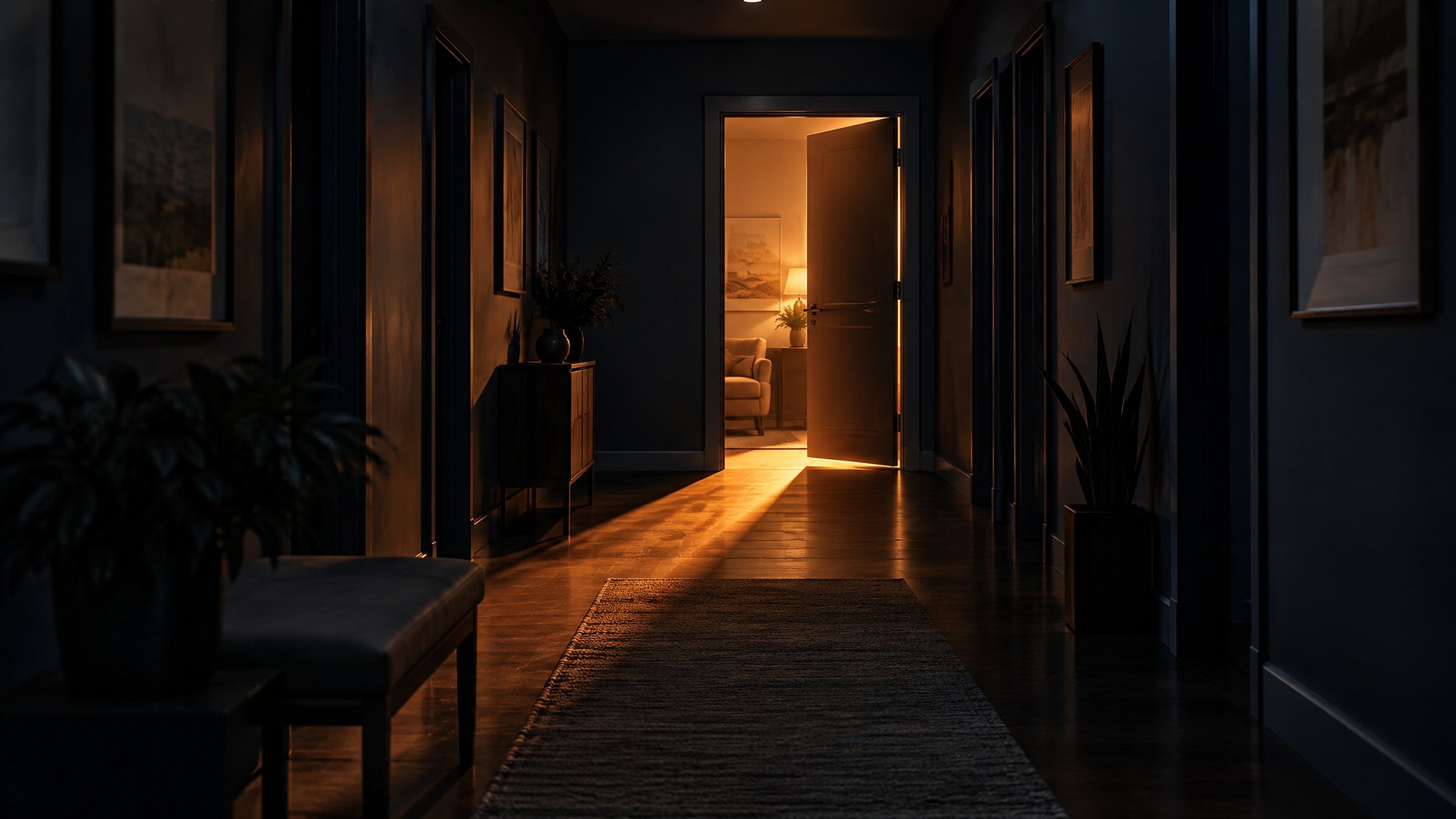 Quiet hallway at night with warm light spilling from a half-open door at the end